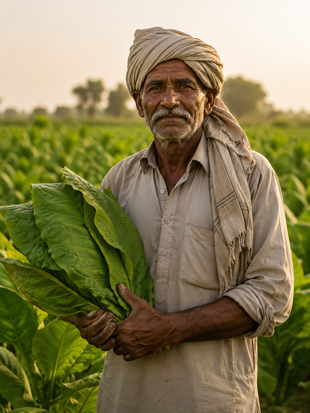 An experienced Pakistani tobacco farmer standing in a sunlit field holding broad tobacco leaves