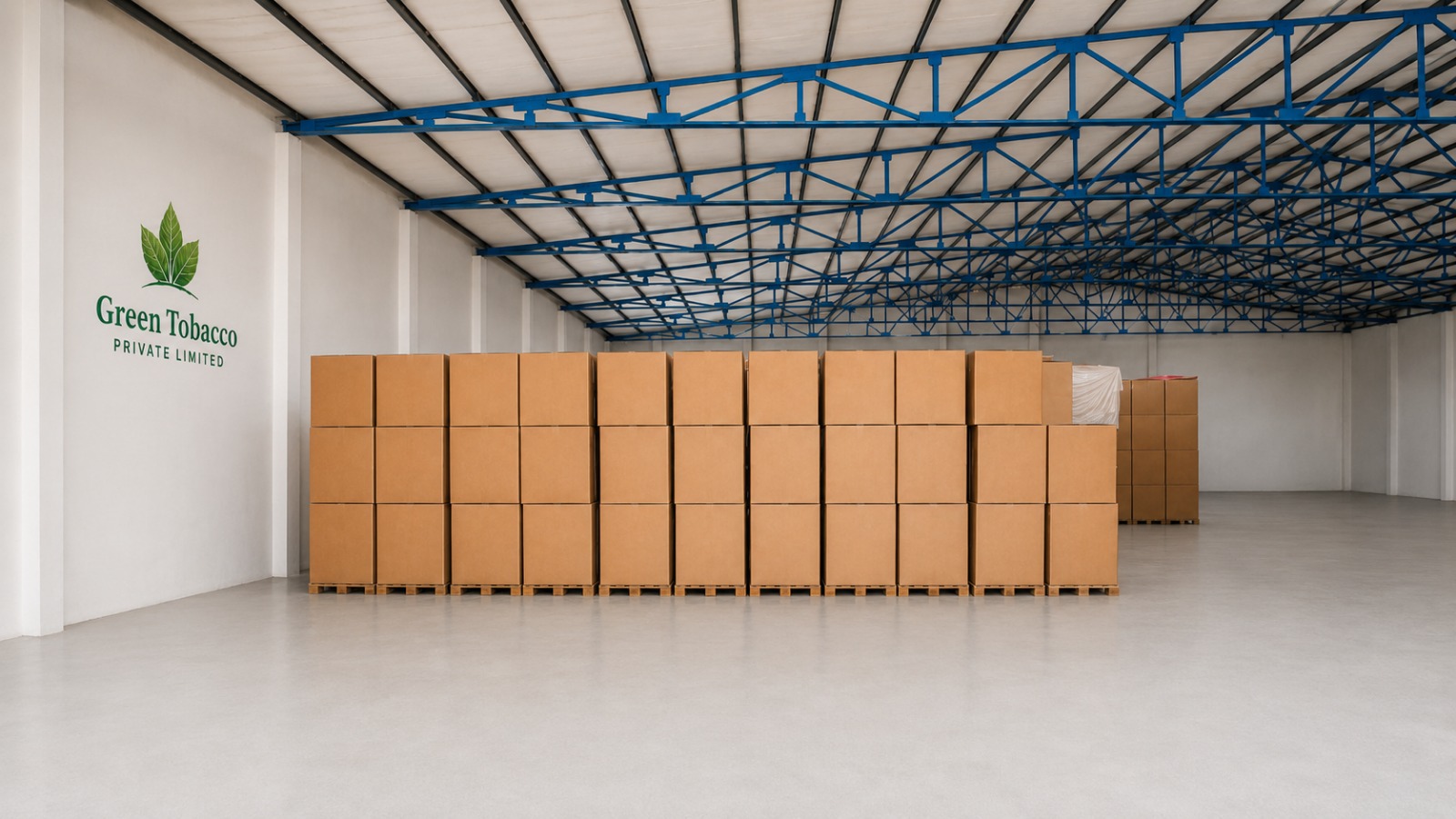 Stacked C48 export cartons on pallets in a clean Green Tobacco warehouse