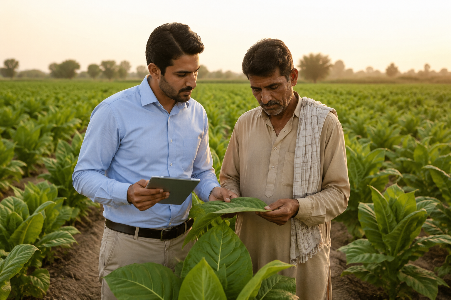 A field officer and a grower inspecting a fresh tobacco leaf together in a sunlit field