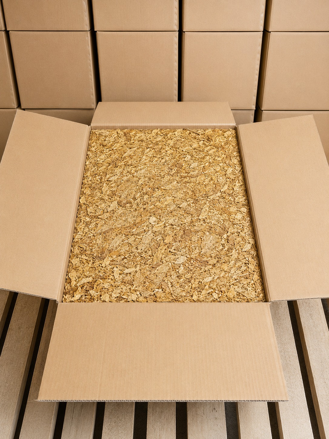 Compressed bale of blended golden tobacco strips bound with red straps