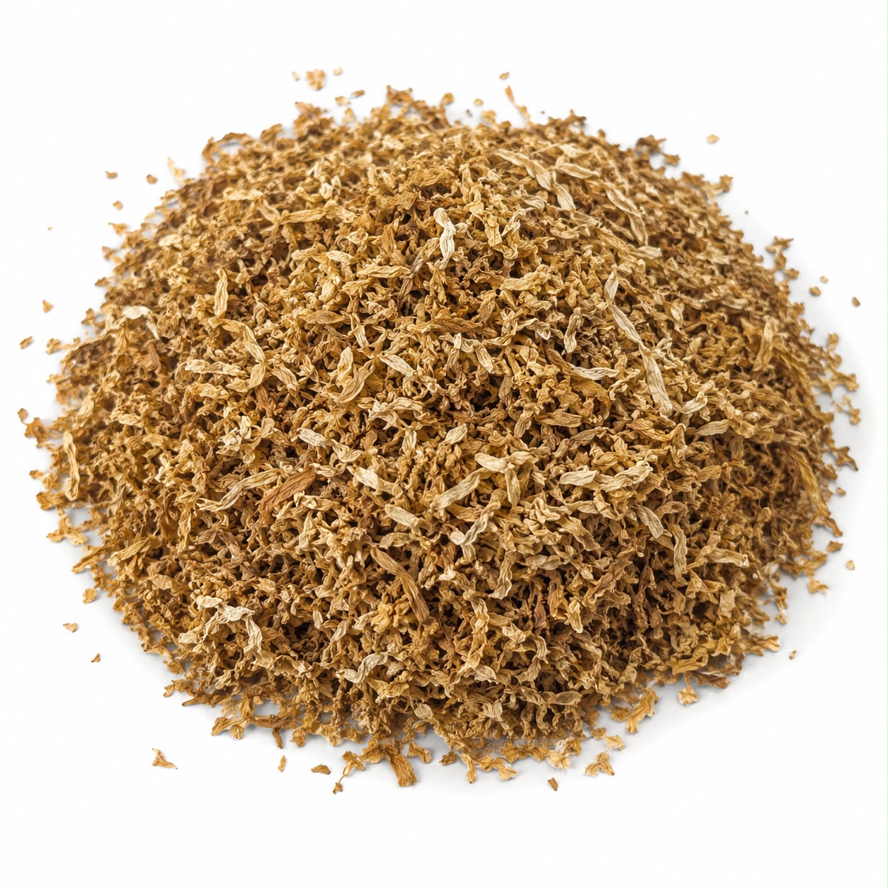 Heap of coarsely cut processed tobacco stem on a white background