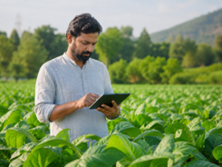 A Pakistani grower tending a lush green paddy field with a knapsack sprayer